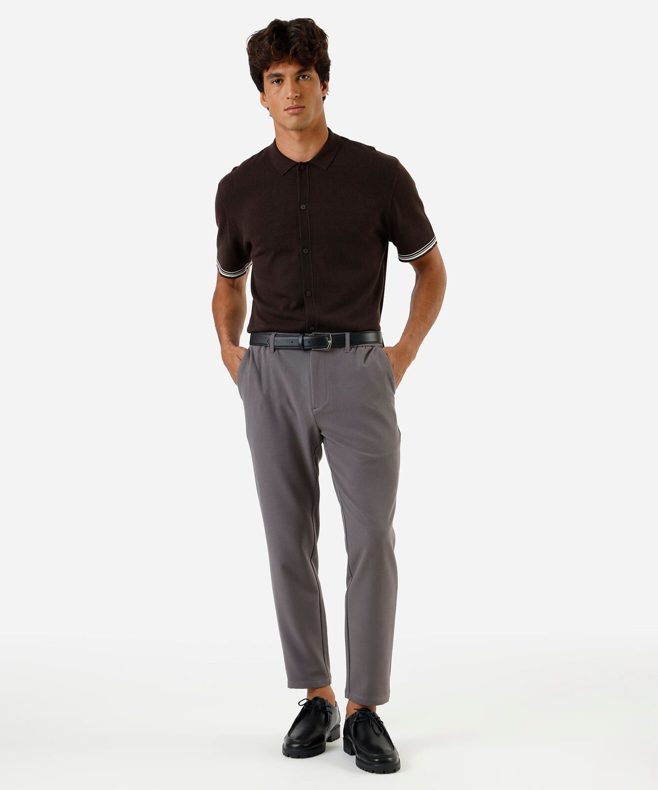 calça slim chino masculina cós elástico cinza