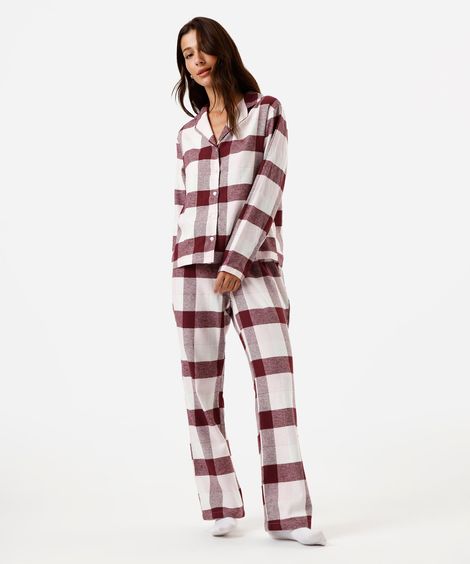 pijama longo americano feminino de algodão xadrez colorido