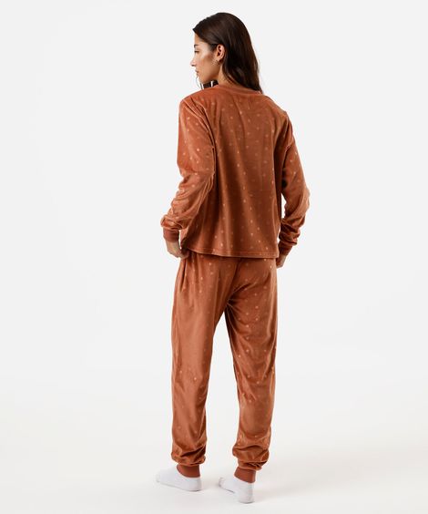 pijama longo feminino plush poá laranja