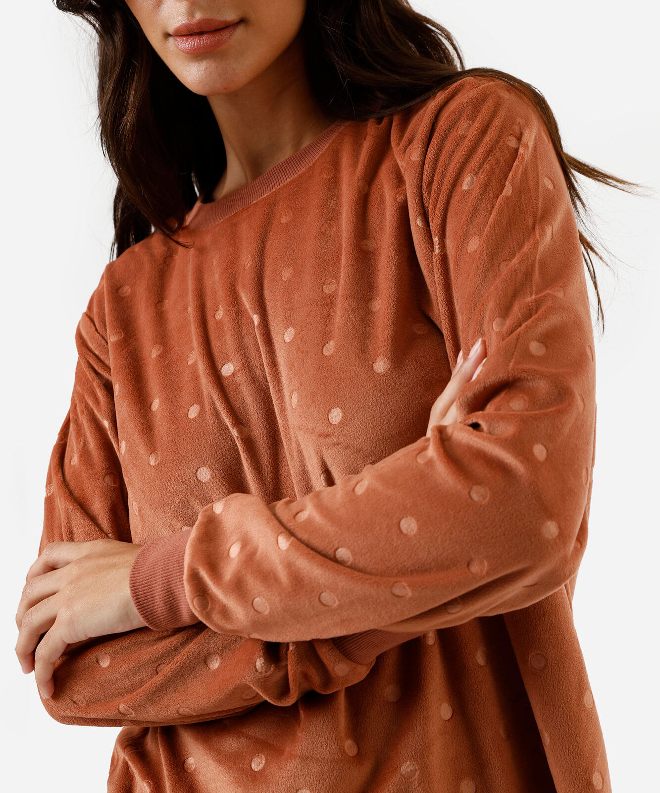 pijama longo feminino plush poá laranja