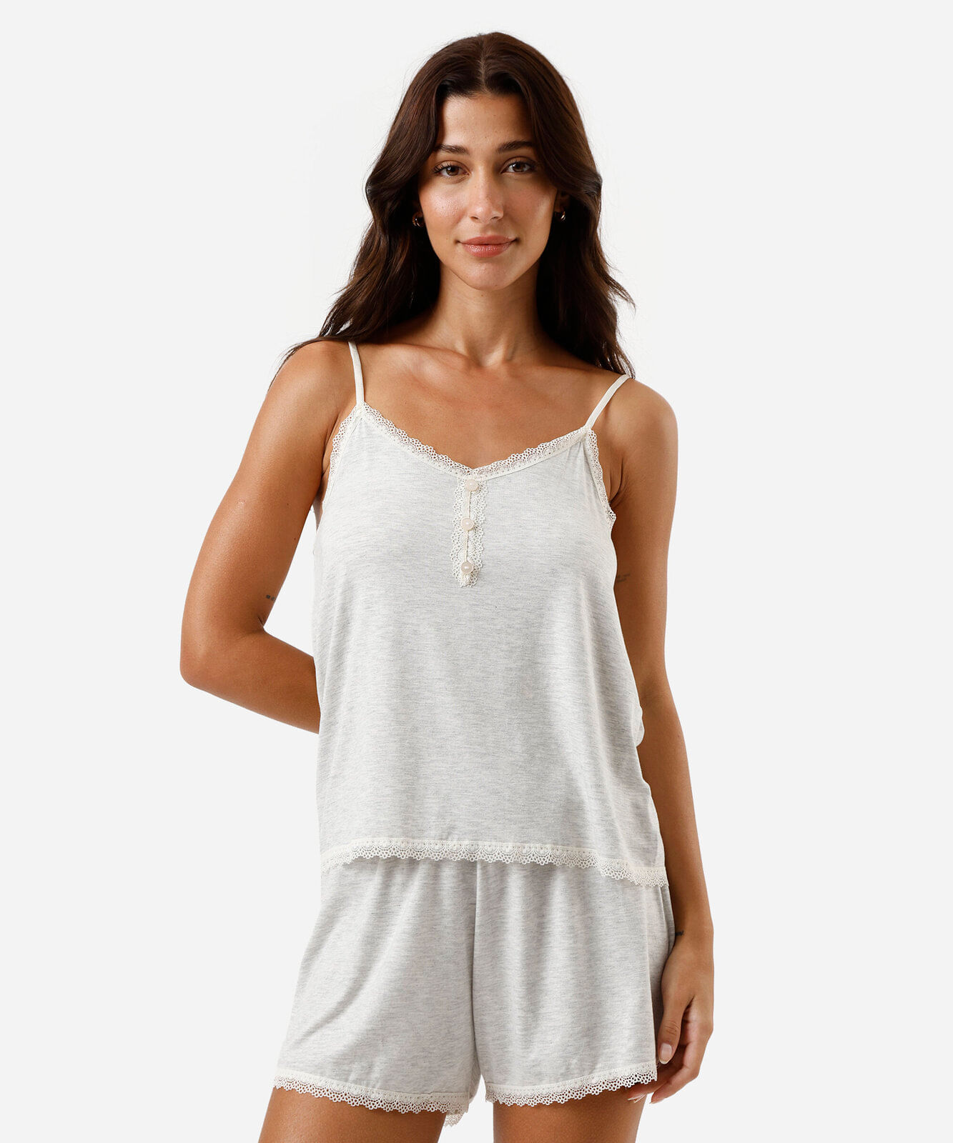pijama short doll feminino com renda cinza