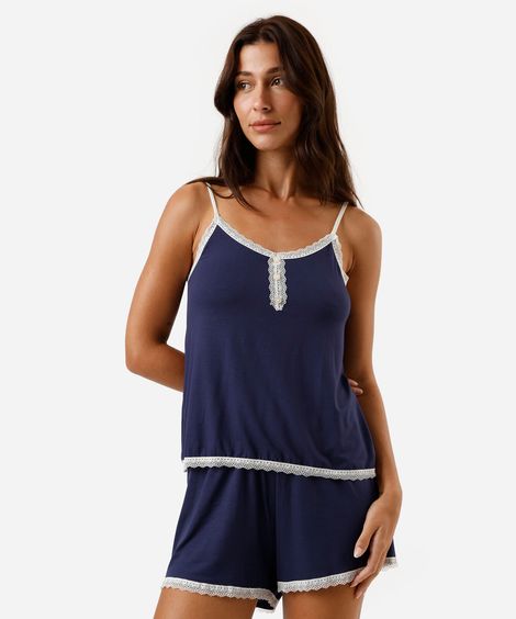 pijama short doll feminino de viscose com renda azul