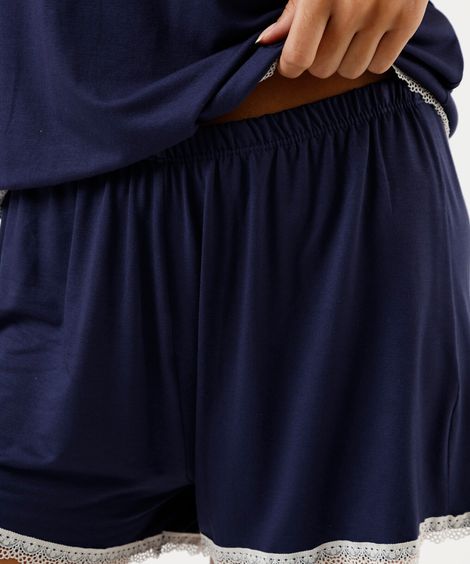 pijama short doll feminino de viscose com renda azul