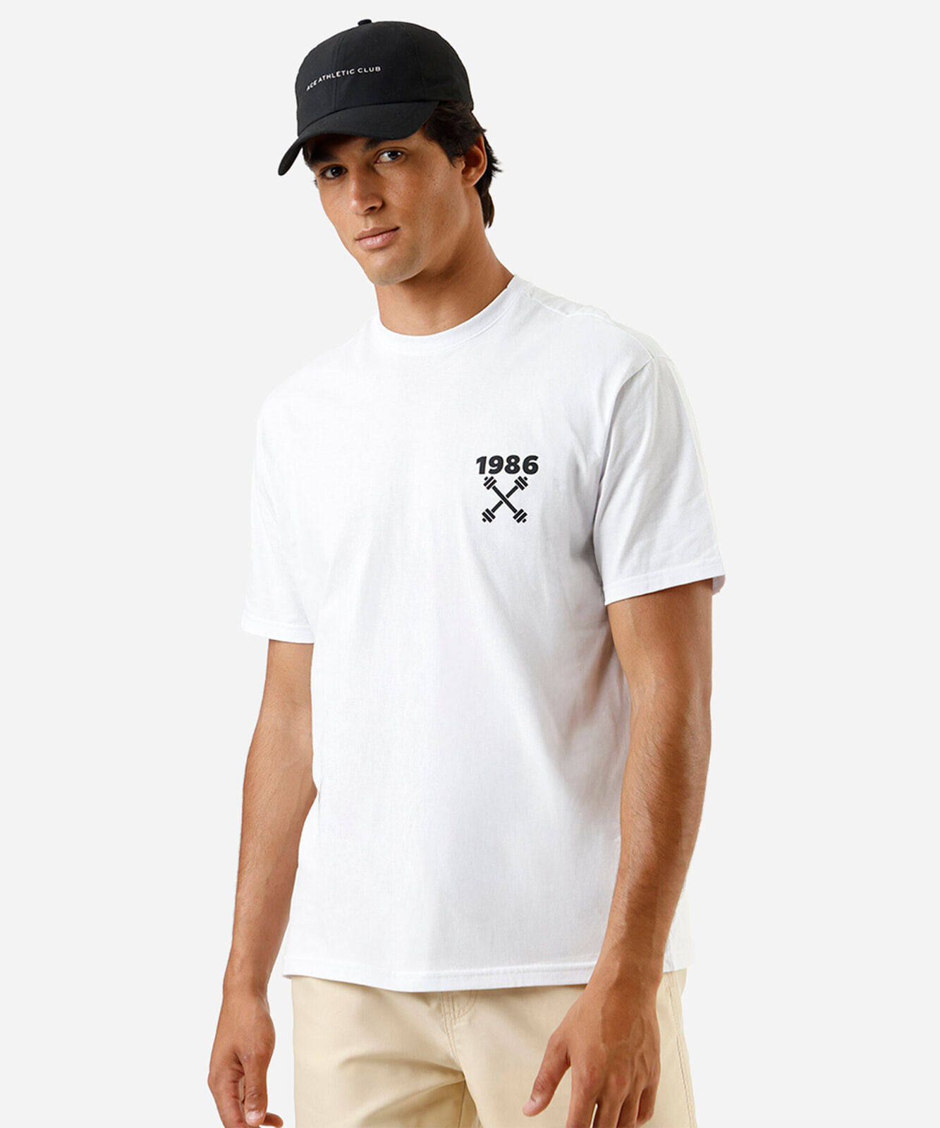 camiseta esportiva masculina de algodão estampada branca