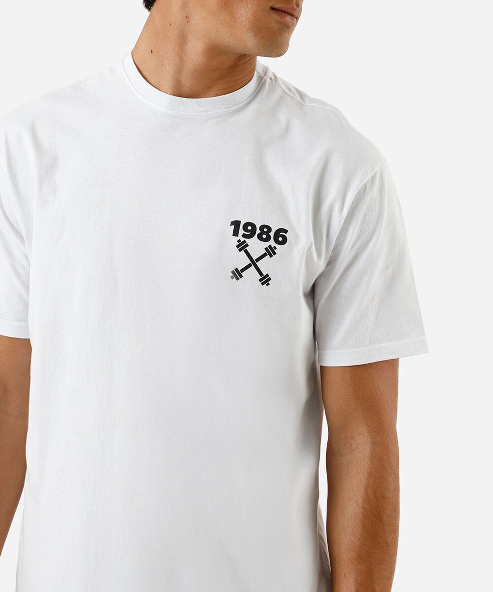 camiseta esportiva masculina de algodão estampada branca