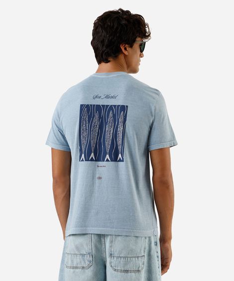 camiseta masculina de algodão estampa estonada azul