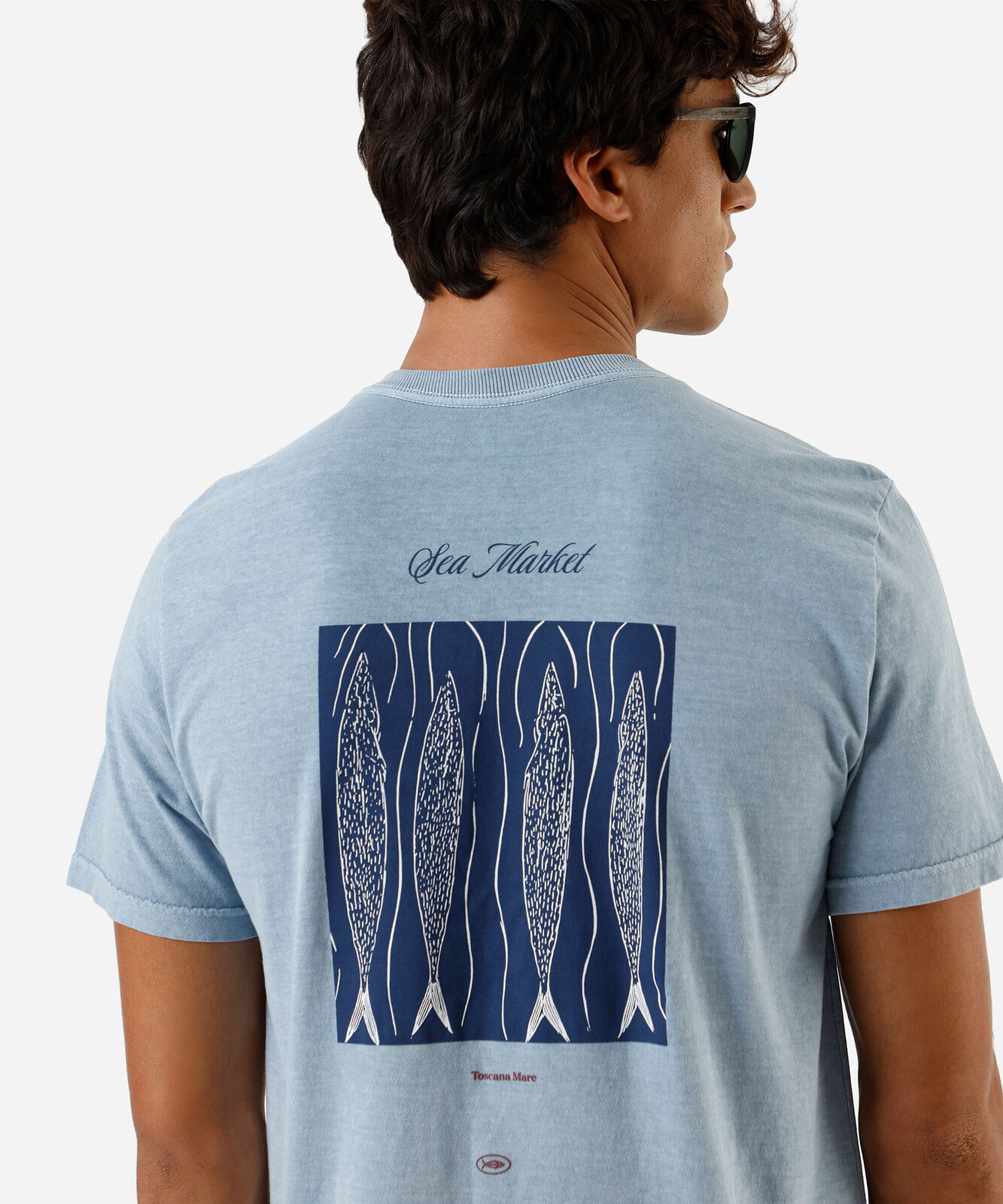 camiseta masculina de algodão estampa estonada azul