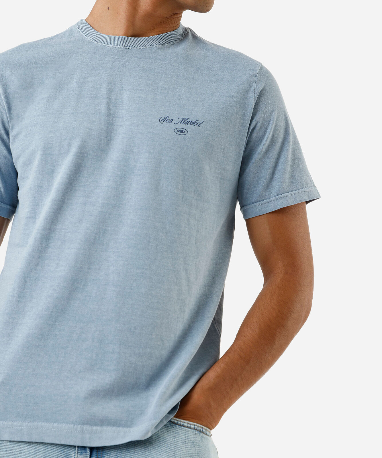 camiseta masculina de algodão estampa estonada azul
