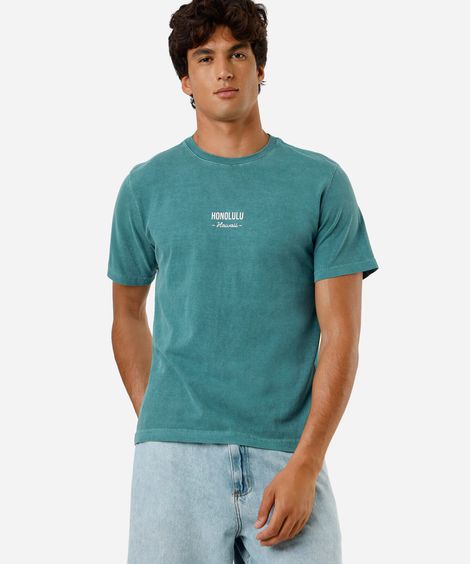 camiseta masculina de algodão estampada estonada verde