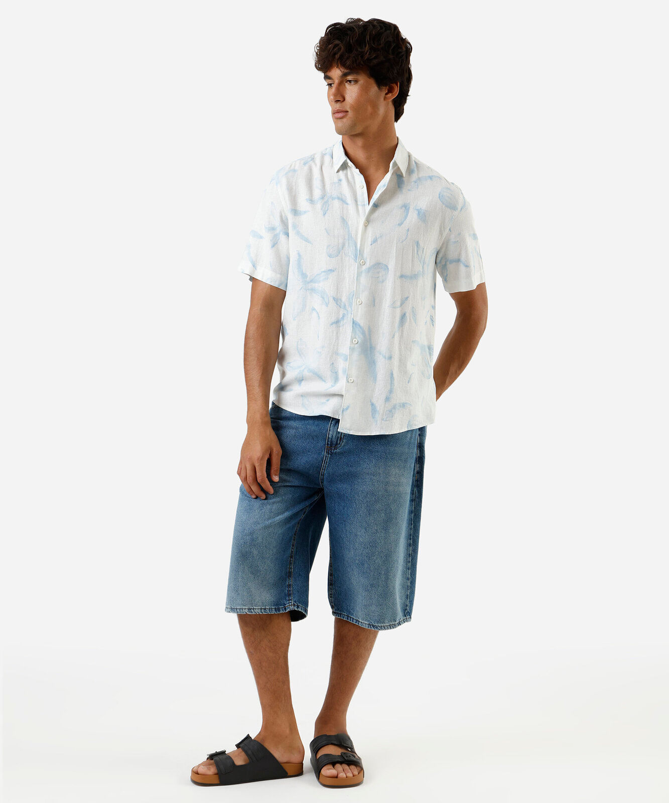 camisa masculina manga curta estampado com linho off white