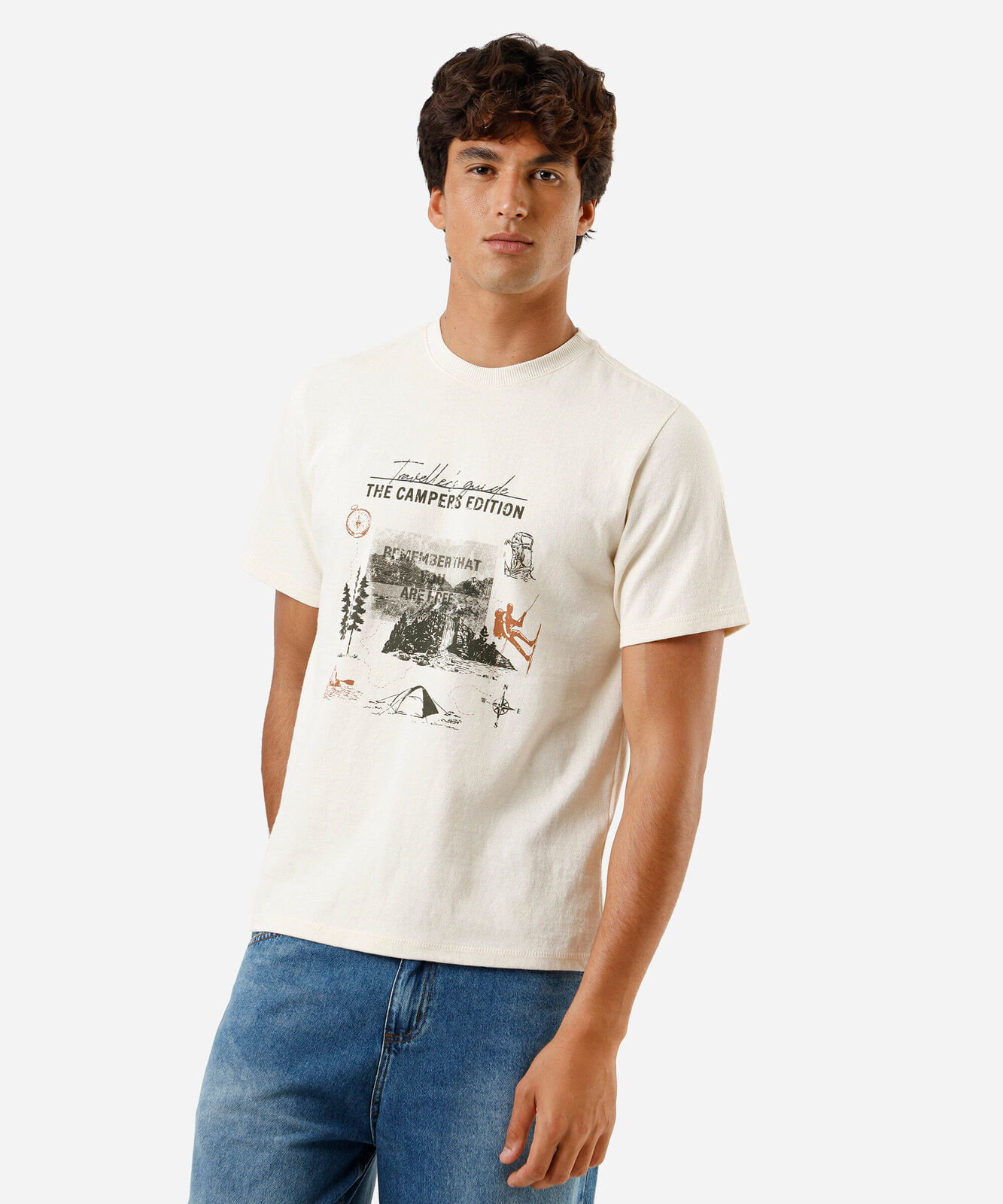 camiseta masculina de algodão estampada bege