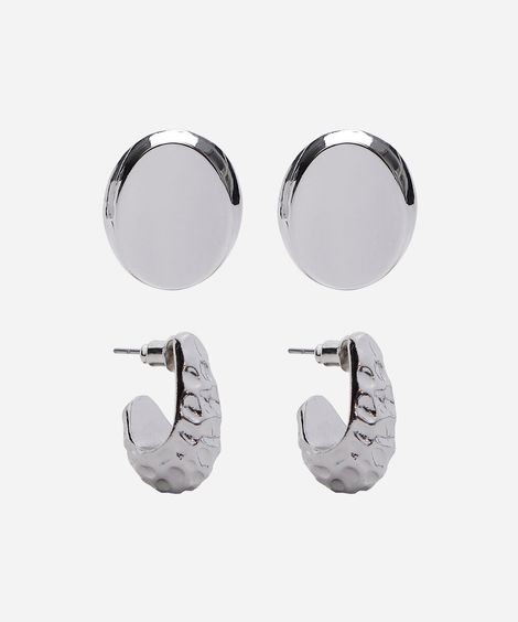 kit de 2 brincos botão e gota orgânica prata