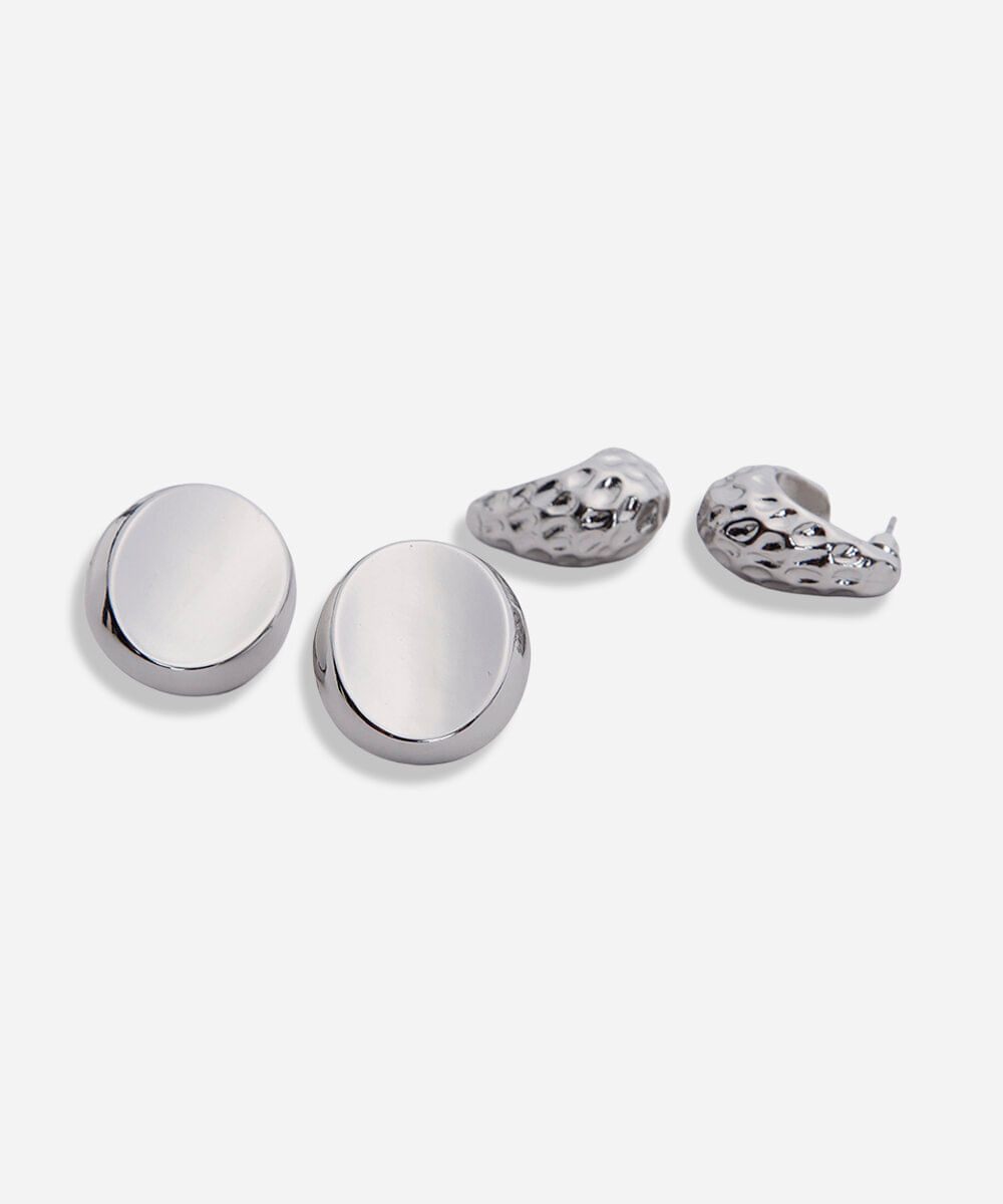 kit de 2 brincos botão e gota orgânica prata
