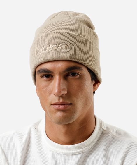 gorro de tricot com bordado bege