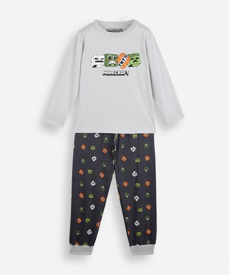 pijama longo infantil de algodão minecraft cinza