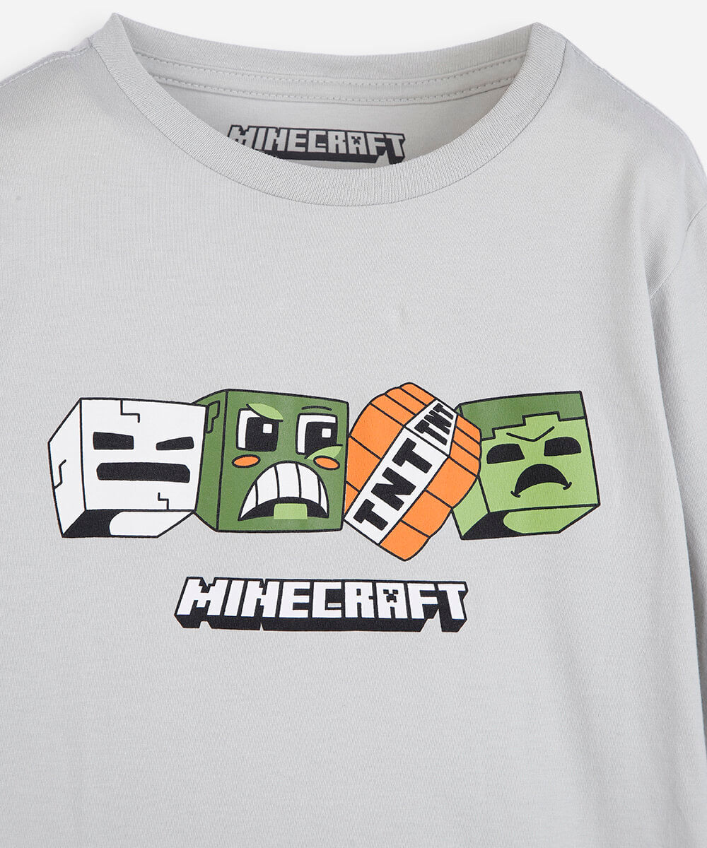 pijama longo infantil de algodão minecraft cinza