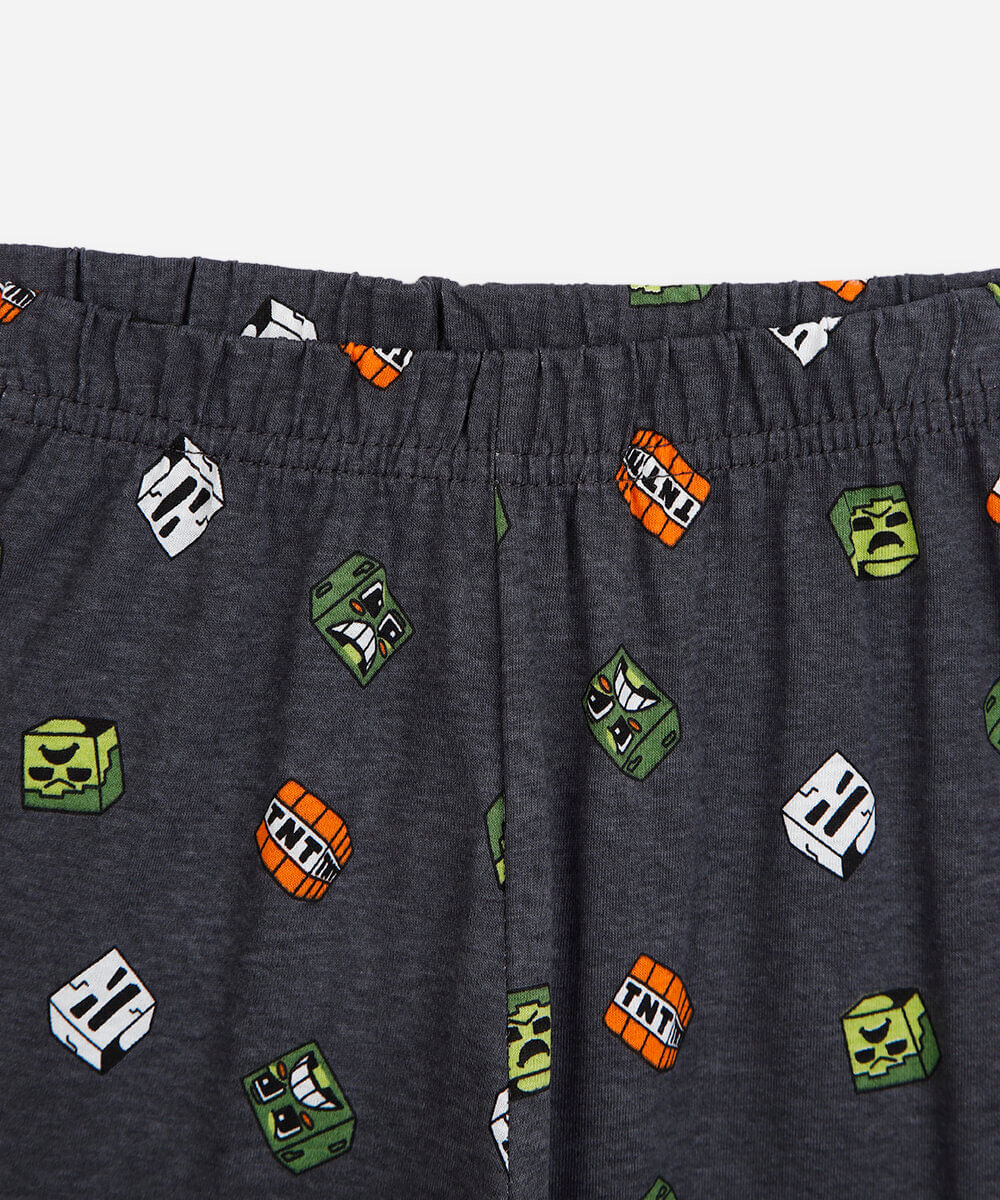 pijama longo infantil de algodão minecraft cinza