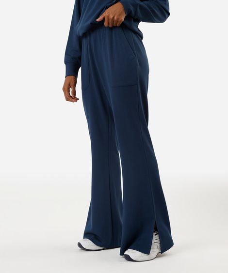 calça wide leg feminina esportiva com fenda azul