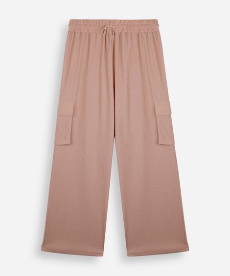 calça juvenil cargo wide leg texturizada bege