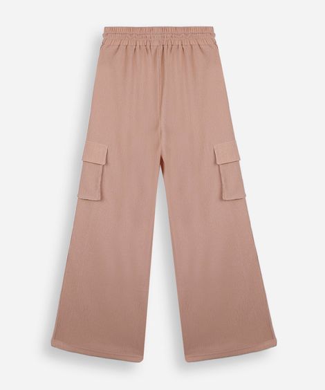 calça juvenil cargo wide leg texturizada bege