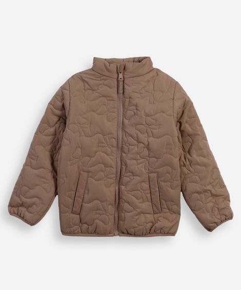 jaqueta puffer infantil gola alta laço marrom