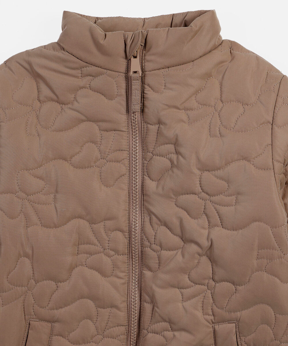 jaqueta puffer infantil gola alta laço marrom