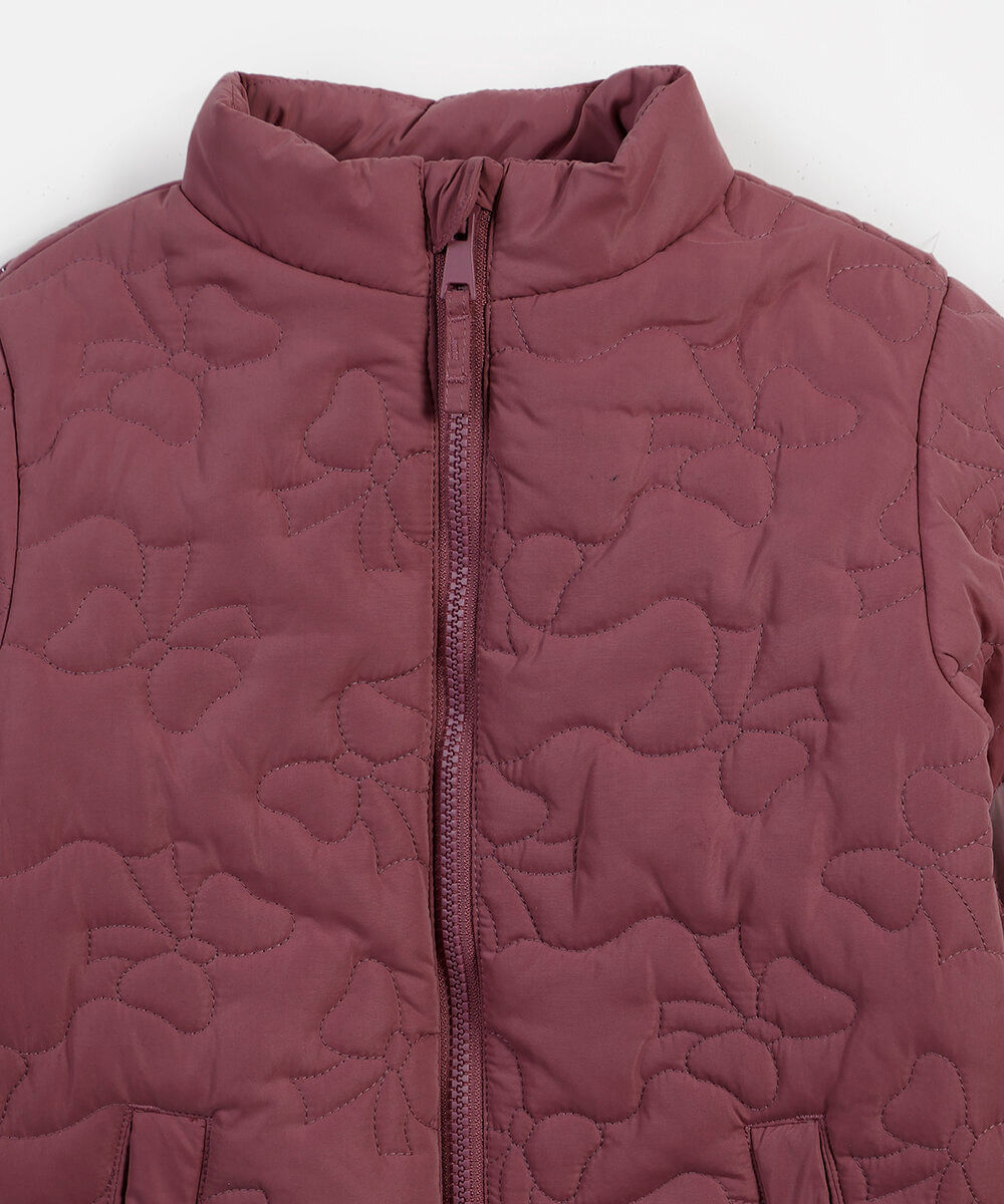 jaqueta puffer infantil gola alta laço vinho