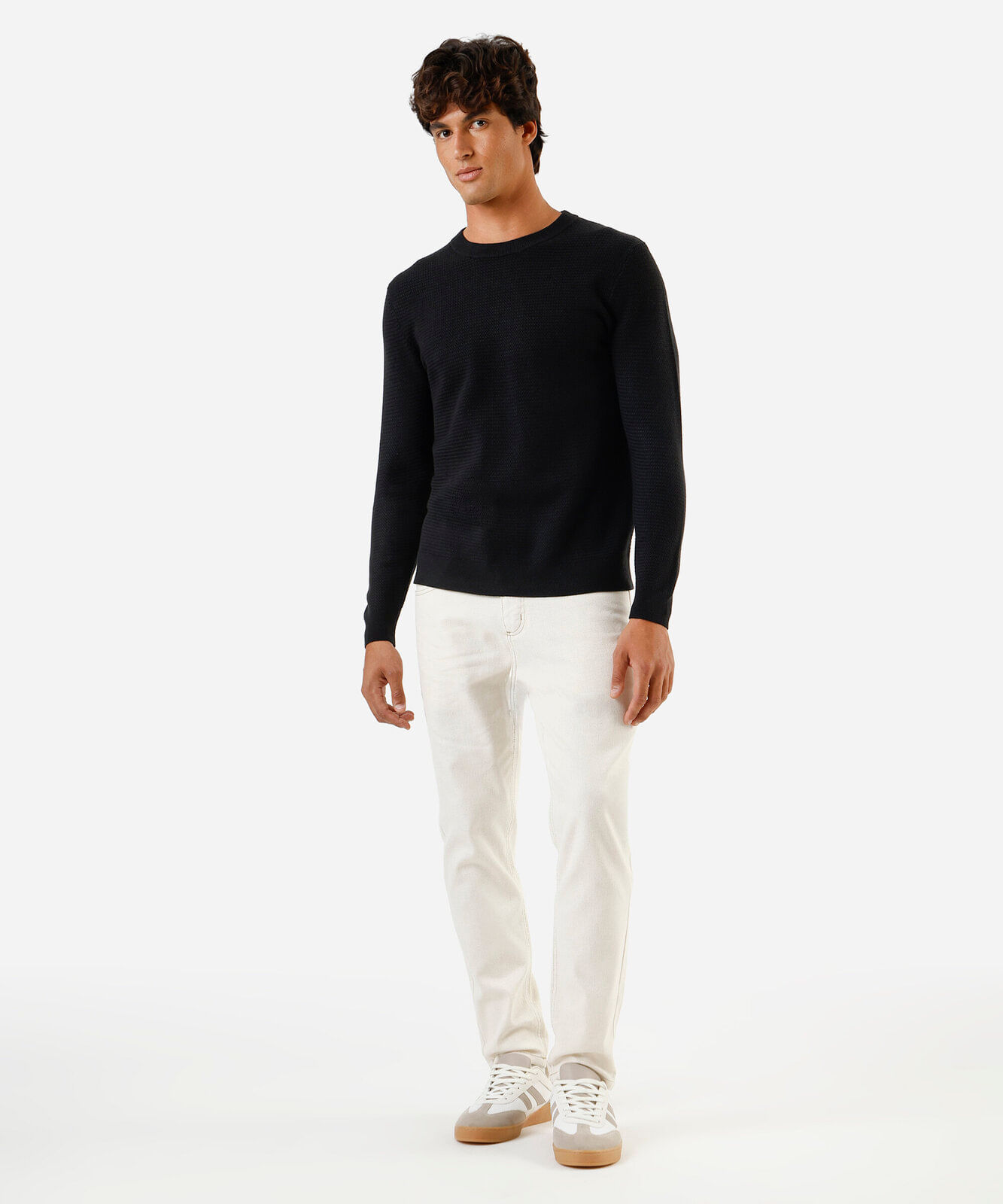 calça reta masculina de sarja com linho off white