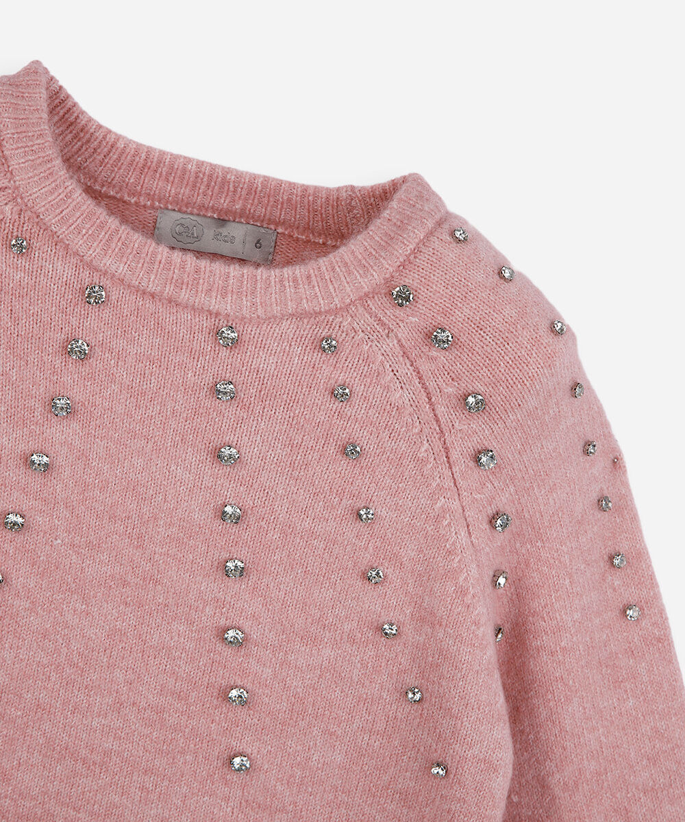 suéter infantil de tricot com brilhos rosa