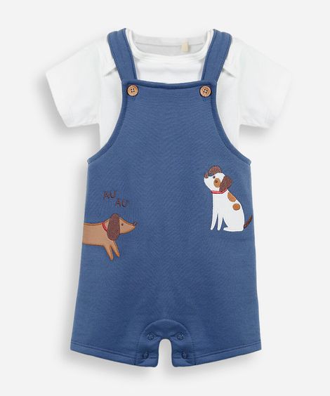 jardineira infantil com bordado e camiseta azul