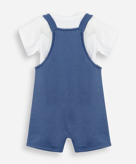 jardineira infantil com bordado e camiseta azul