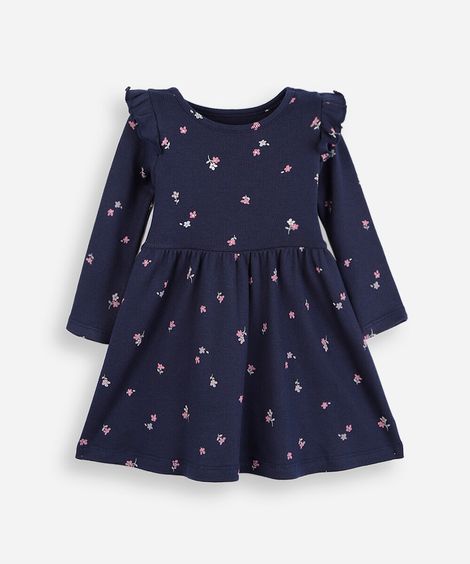 vestido infantil de algodão manga longa com babado floral azul
