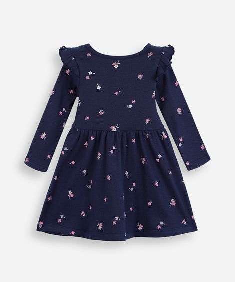 vestido infantil de algodão manga longa com babado floral azul
