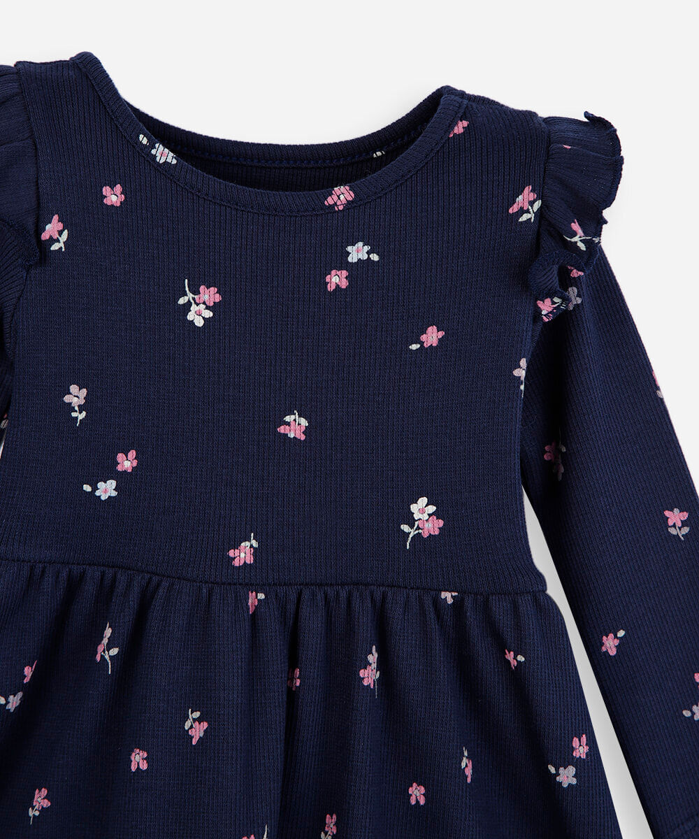 vestido infantil de algodão manga longa com babado floral azul