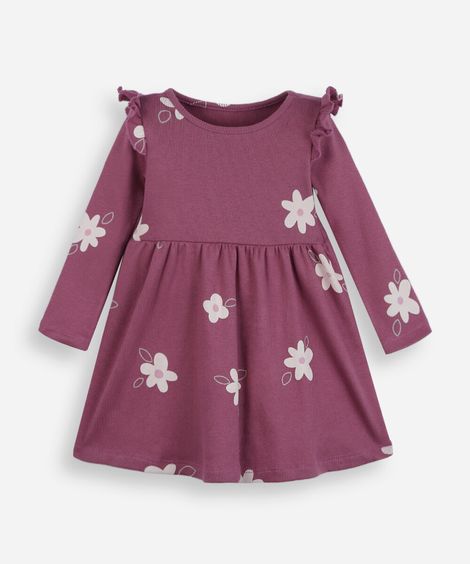 vestido infantil de algodão manga longa com babado floral rosa