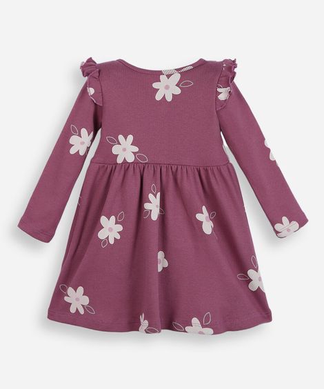 vestido infantil de algodão manga longa com babado floral rosa