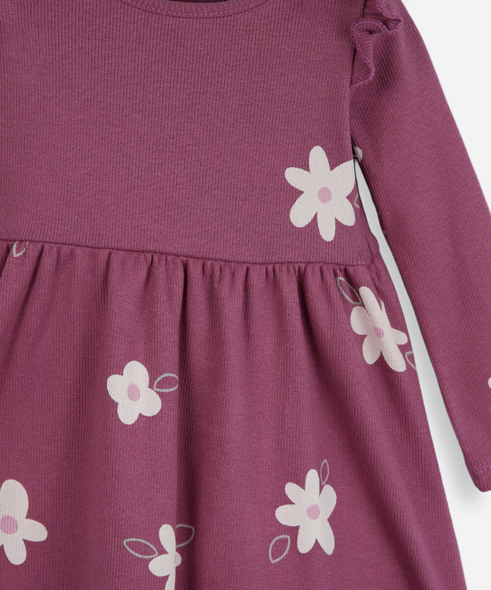 vestido infantil de algodão manga longa com babado floral rosa