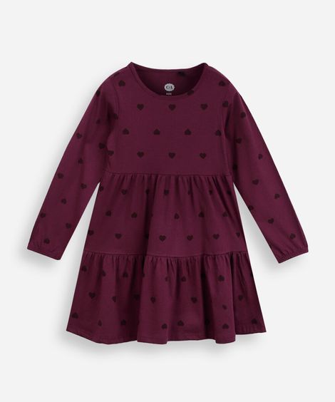 vestido infantil de algodão com recorte manga longa corações vinho