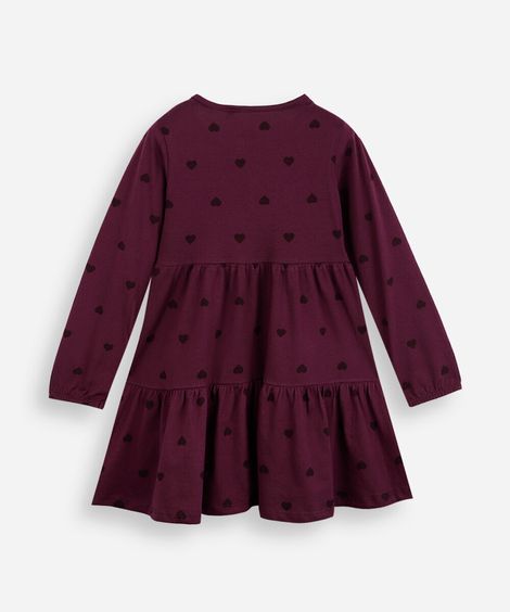 vestido infantil de algodão com recorte manga longa corações vinho