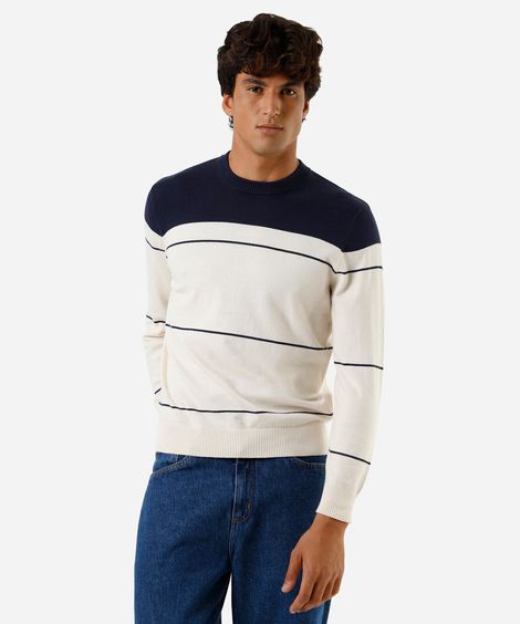 suéter masculino de tricot gola redonda listrado azul