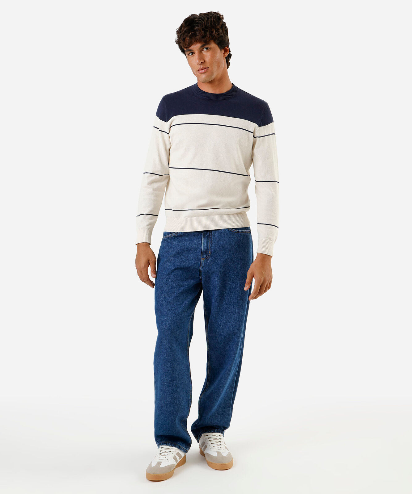 suéter masculino de tricot gola redonda listrado azul