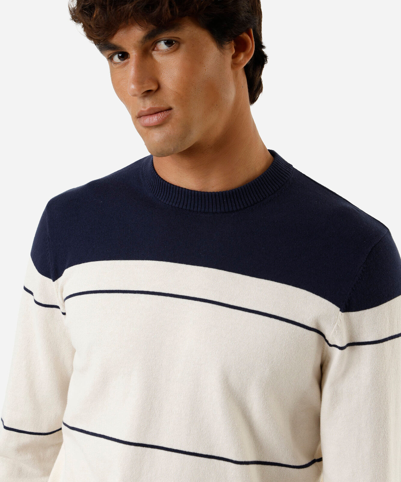 suéter masculino de tricot gola redonda listrado azul