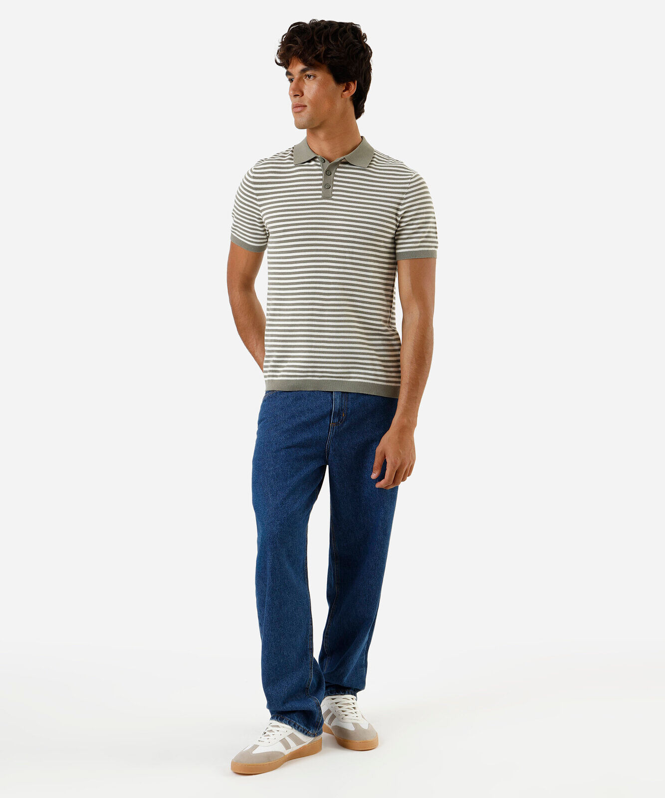 polo masculina de algodão listrada manga curta verde