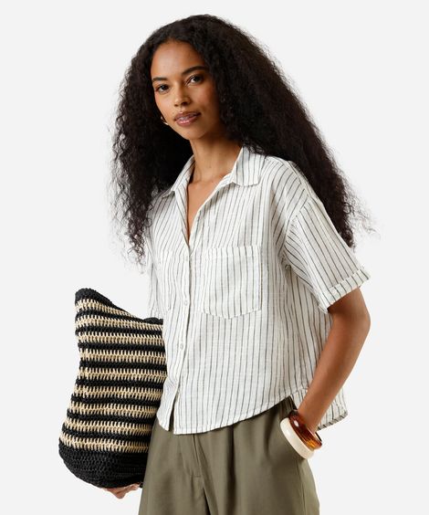 camisa feminina de algodão com bolsos listrada verde