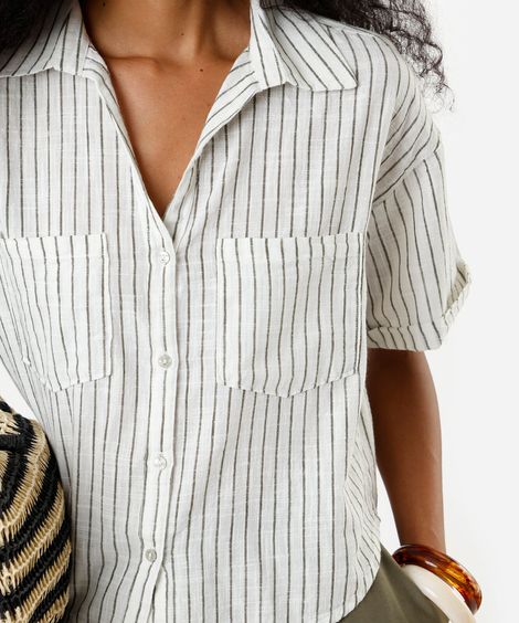 camisa feminina de algodão com bolsos listrada verde