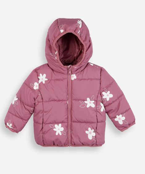 jaqueta puffer infantil com capuz floral rosa