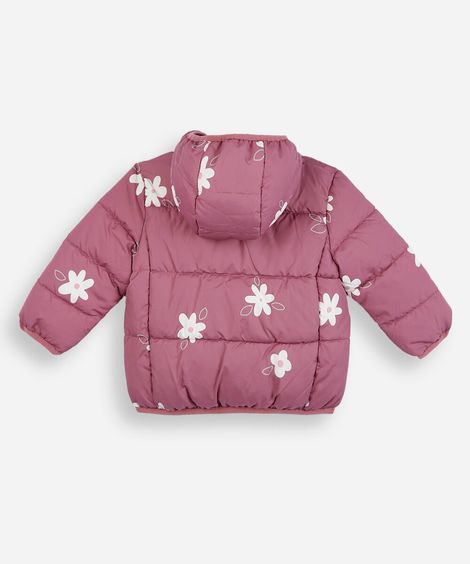 jaqueta puffer infantil com capuz floral rosa