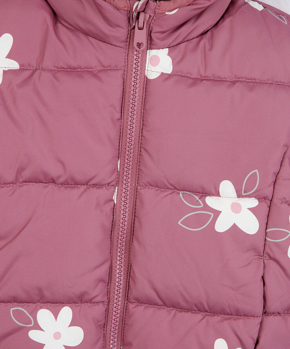 jaqueta puffer infantil com capuz floral rosa
