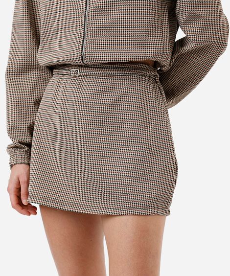 saia curta feminina de jacquard pied de poule com cinto marrom