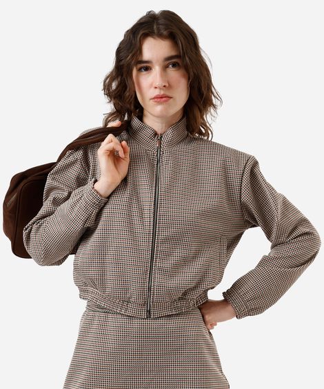jaqueta bomber feminina de jacquard pied de poule marrom